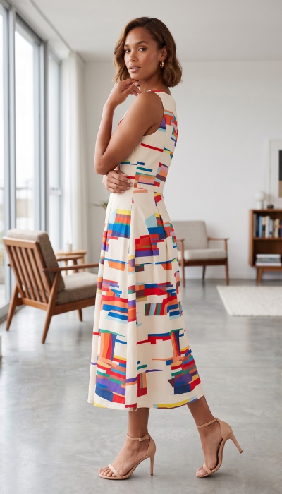 Ami Women’s Maxi Dress featuring a stylish geometric print and elegant design, perfect for casual outings or formal events. 1