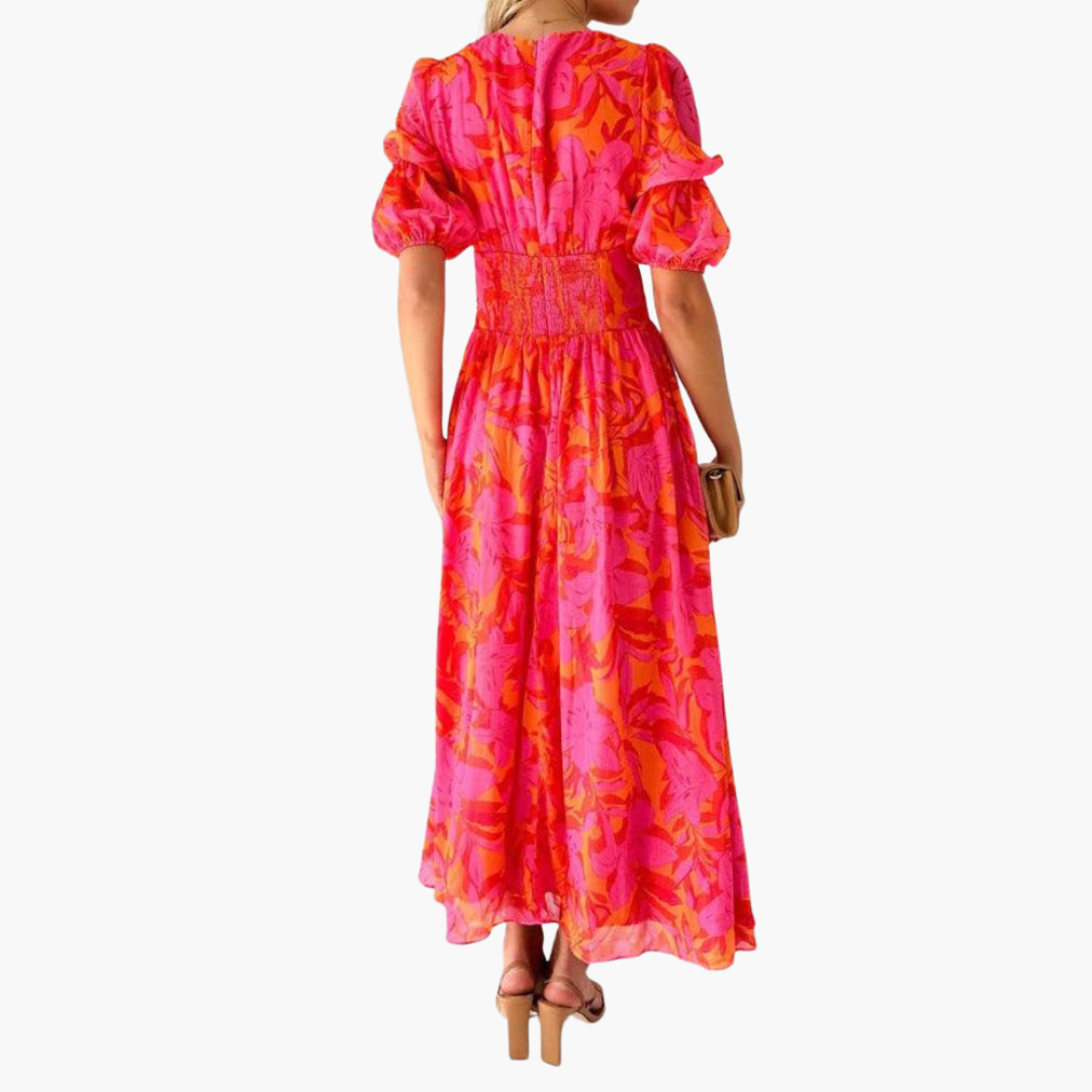 Elysia Women’s Maxi Dress featuring a stylish V-neckline and elegant puff sleeves, perfect for weddings and evening events. 2