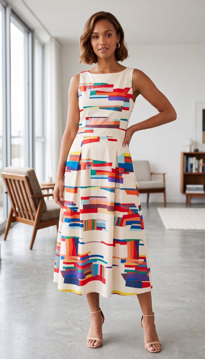 Ami Women’s Maxi Dress featuring a stylish geometric print and elegant design, perfect for casual outings or formal events. 0
