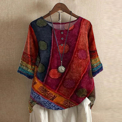 Bella women's vintage floral print blouse with short sleeves and a round neckline. 3