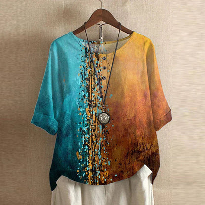 Bella women's vintage floral print blouse with short sleeves and a round neckline. 7