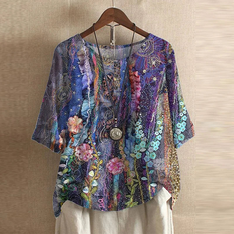 Bella women's vintage floral print blouse with short sleeves and a round neckline. 8