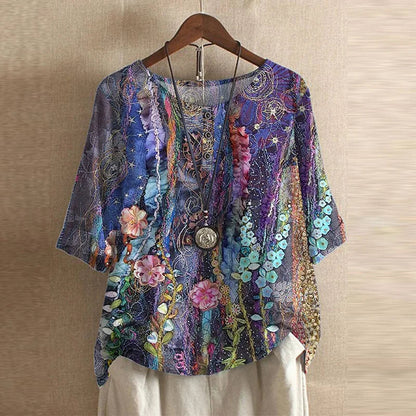 Bella women's vintage floral print blouse with short sleeves and a round neckline. 8