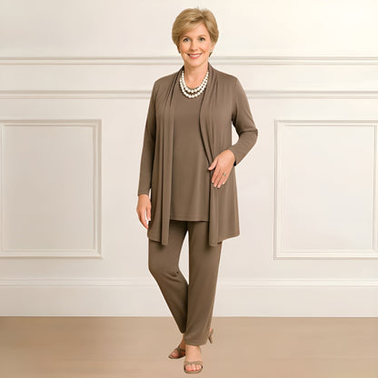 Dalia women's set featuring a stylish cardigan and round neck pants in a chic design, perfect for casual and elegant occasions. 0