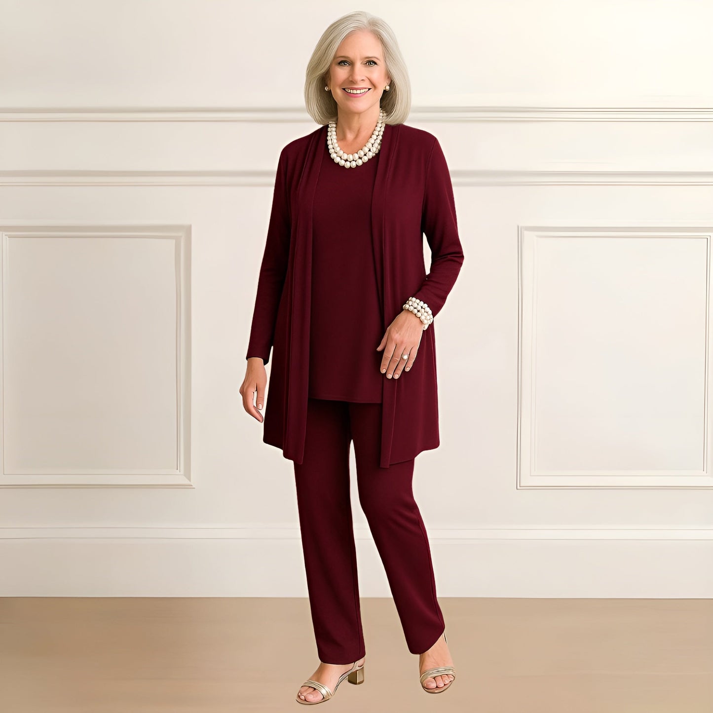 Dalia women's set featuring a stylish cardigan and round neck pants in a chic design, perfect for casual and elegant occasions. 1
