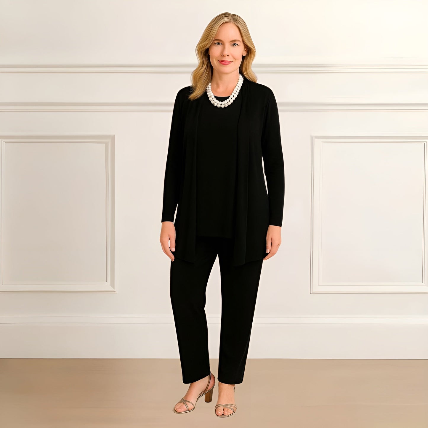 Dalia women's set featuring a stylish cardigan and round neck pants in a chic design, perfect for casual and elegant occasions. 2