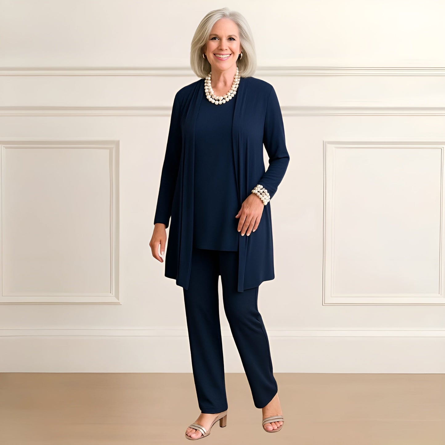 Dalia women's set featuring a stylish cardigan and round neck pants in a chic design, perfect for casual and elegant occasions. 3