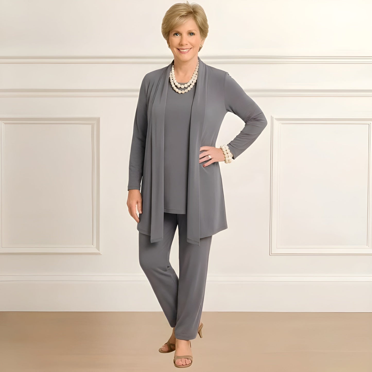 Dalia women's set featuring a stylish cardigan and round neck pants in a chic design, perfect for casual and elegant occasions. 5
