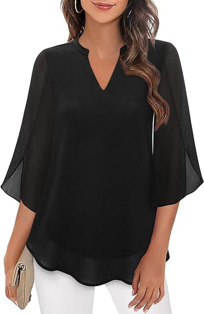 Diva women's blouse with a V-neck, 3/4 sleeves, loose fit, and flowy sleeves, perfect for casual and elegant occasions. 0