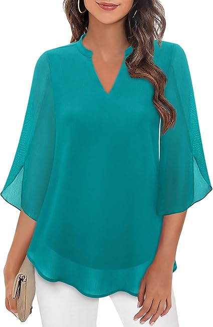Diva women's blouse with a V-neck, 3/4 sleeves, loose fit, and flowy sleeves, perfect for casual and elegant occasions. 2