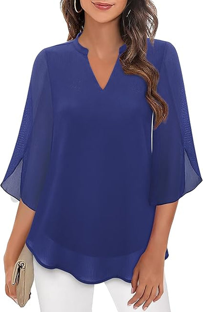 Diva women's blouse with a V-neck, 3/4 sleeves, loose fit, and flowy sleeves, perfect for casual and elegant occasions. 6