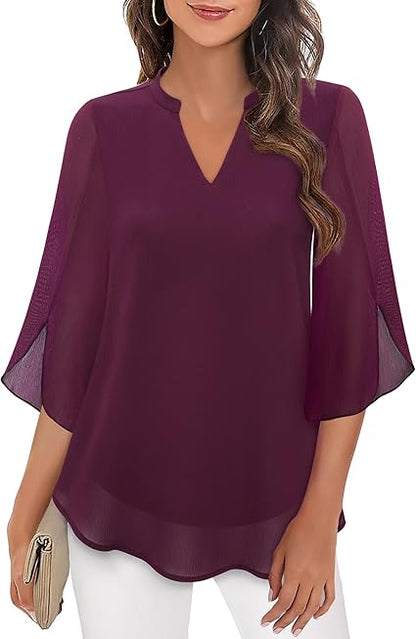Diva women's blouse with a V-neck, 3/4 sleeves, loose fit, and flowy sleeves, perfect for casual and elegant occasions. 8