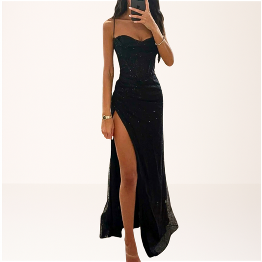 Elegant Diva Maxi Dress featuring intricate sequin details and a stylish corset design, perfect for special occasions and evening events. 0