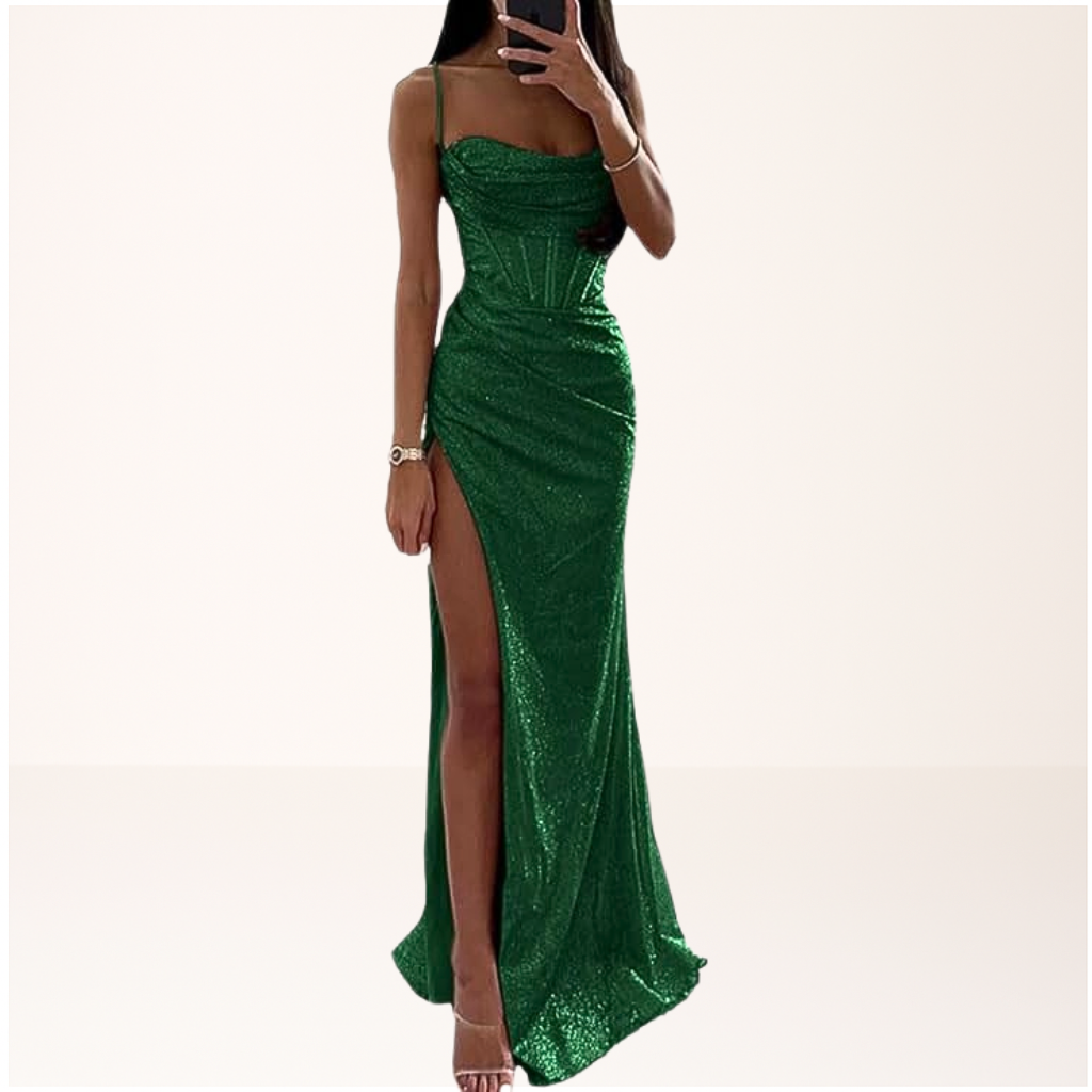 Elegant Diva Maxi Dress featuring intricate sequin details and a stylish corset design, perfect for special occasions and evening events. 1