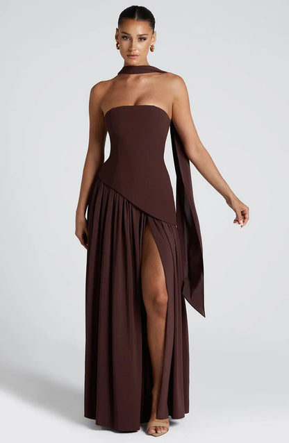 Diva Women’s Maxi Dress featuring a stylish corset design and high slit, perfect for elegant occasions and special events. 0