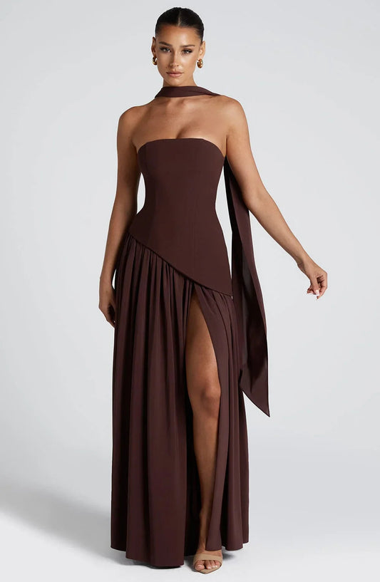 Diva Women’s Maxi Dress featuring a stylish corset design and high slit, perfect for elegant occasions and special events. 0