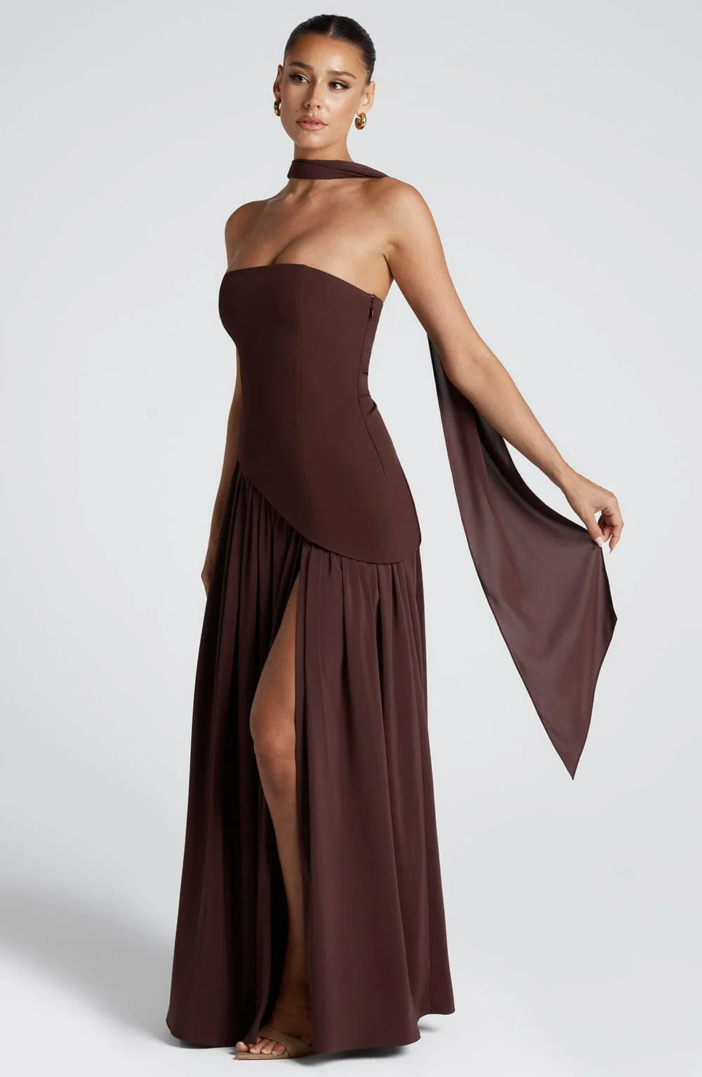 Diva Women’s Maxi Dress featuring a stylish corset design and high slit, perfect for elegant occasions and special events. 1