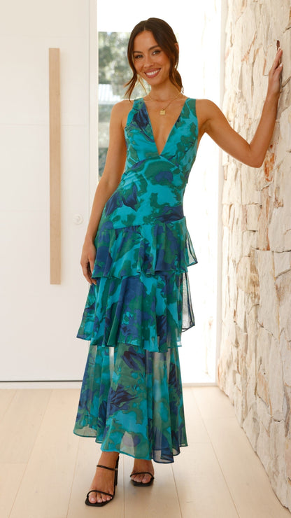 Eileen Women’s Maxi Dress featuring a stylish V-neck and elegant layered chiffon design, perfect for summer occasions and casual outings. 1