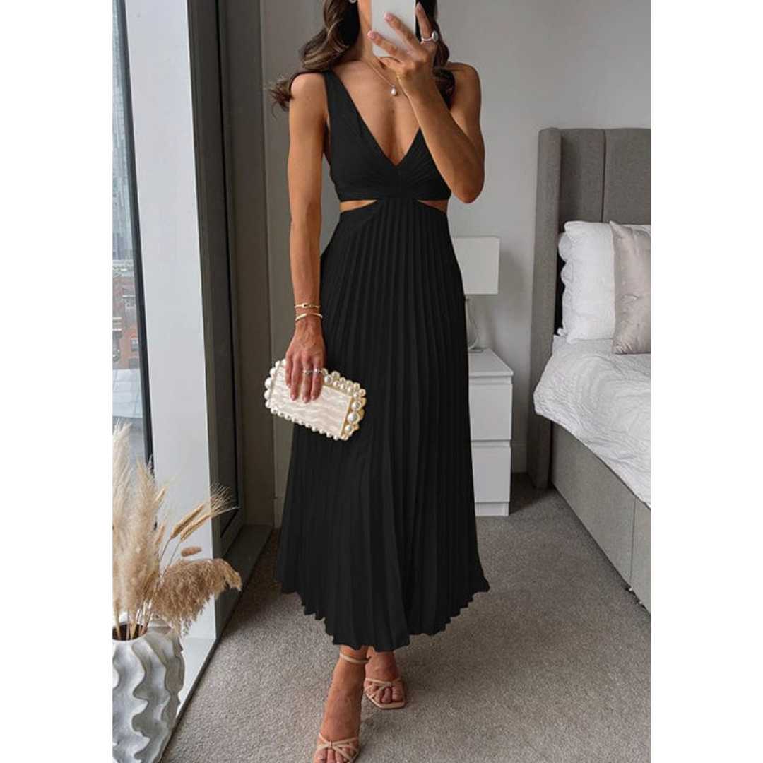 Elegancka plisowana sukienka maxi z dekoltem V i wycięciami w talii