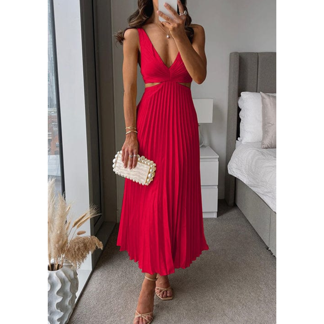 Elegancka plisowana sukienka maxi z dekoltem V i wycięciami w talii