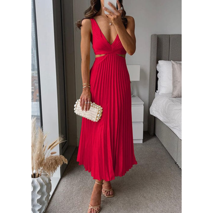 Elegancka plisowana sukienka maxi z dekoltem V i wycięciami w talii