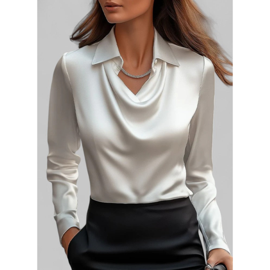 Elegancka satynowa bluzka z drapowanym dekoltem i długim rękawem