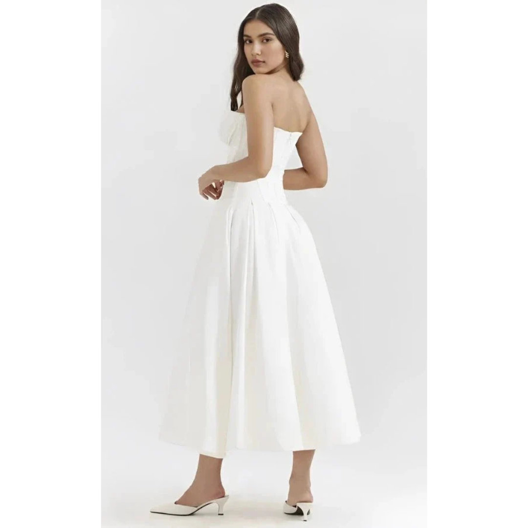 Elegancka sukienka midi bez ramiączek z gorsetową górą