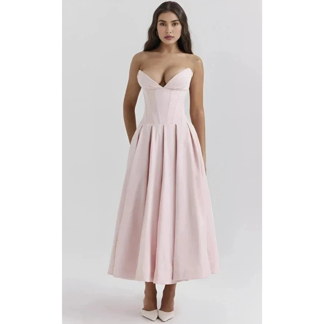 Elegancka sukienka midi bez ramiączek z gorsetową górą