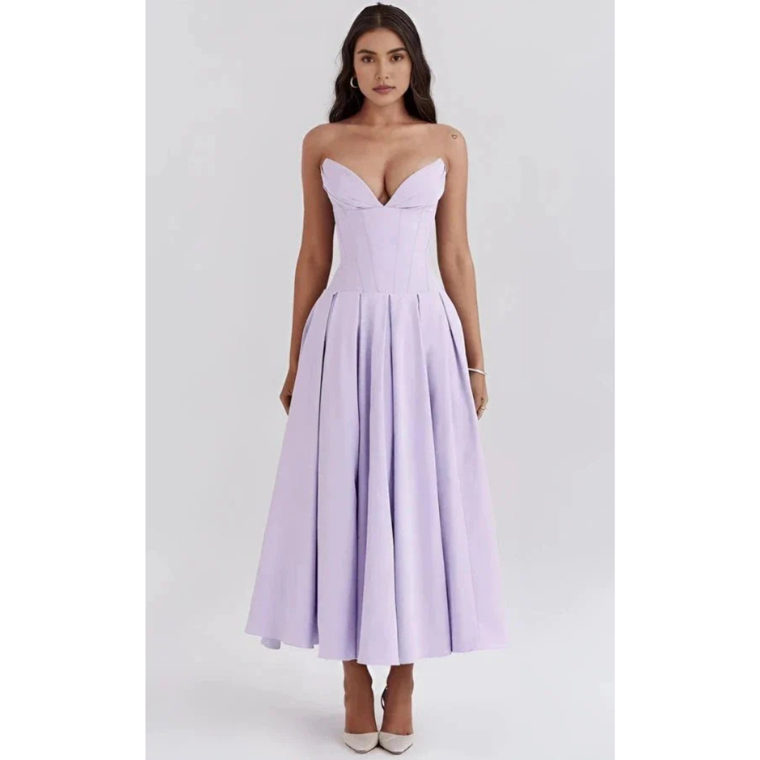 Elegancka sukienka midi bez ramiączek z gorsetową górą