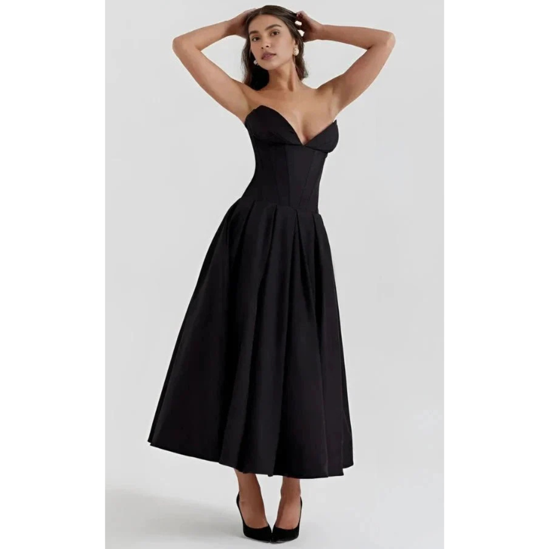 Elegancka sukienka midi bez ramiączek z gorsetową górą