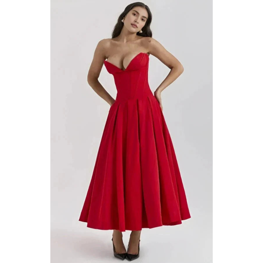 Elegancka sukienka midi bez ramiączek z gorsetową górą