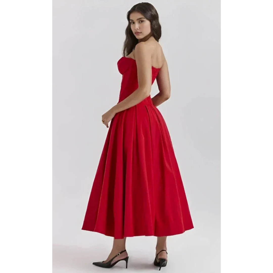 Elegancka sukienka midi bez ramiączek z gorsetową górą