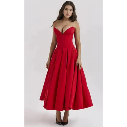 Elegancka sukienka midi bez ramiączek z gorsetową górą