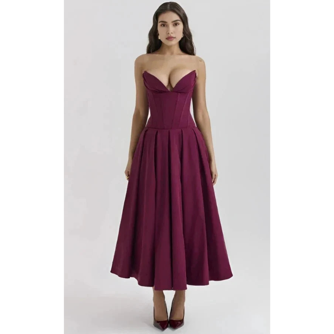 Elegancka sukienka midi bez ramiączek z gorsetową górą