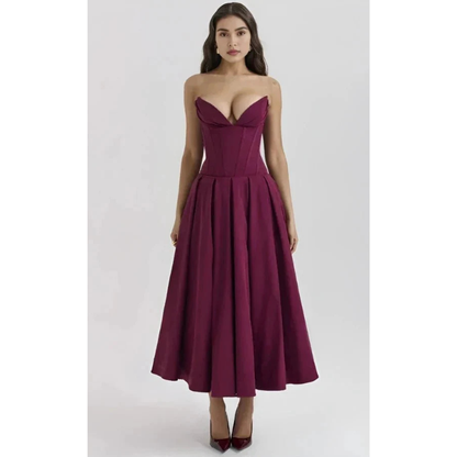 Elegancka sukienka midi bez ramiączek z gorsetową górą