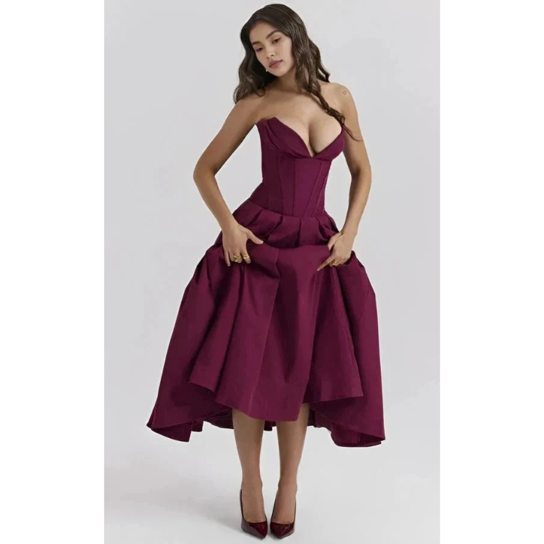 Elegancka sukienka midi bez ramiączek z gorsetową górą