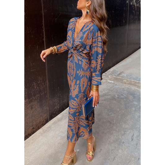 Elegancka sukienka midi w stylu boho z dekoltem V i wiązaniem w talii