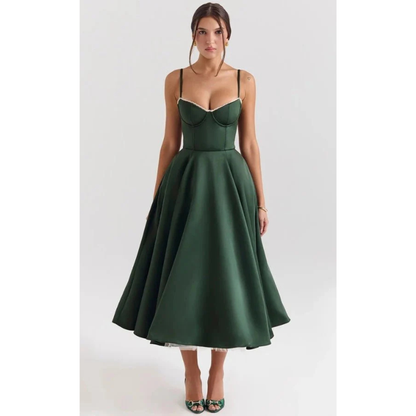 Elegancka sukienka midi z gorsetową górą i rozkloszowanym dołem