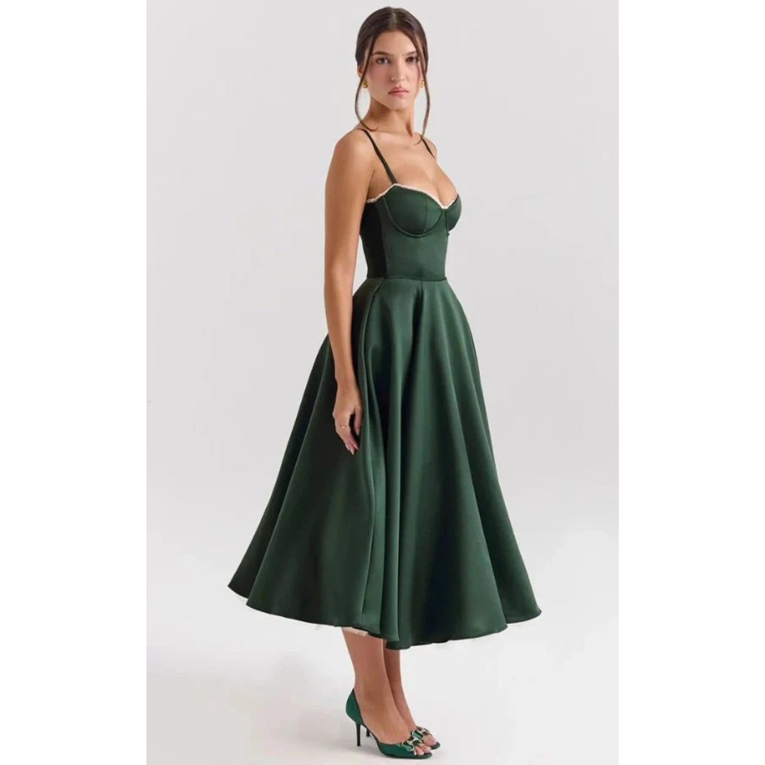 Elegancka sukienka midi z gorsetową górą i rozkloszowanym dołem