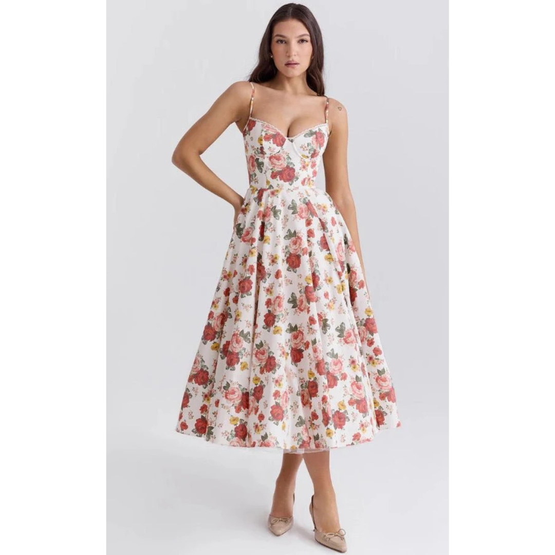 Elegancka sukienka midi z gorsetową górą i rozkloszowanym dołem