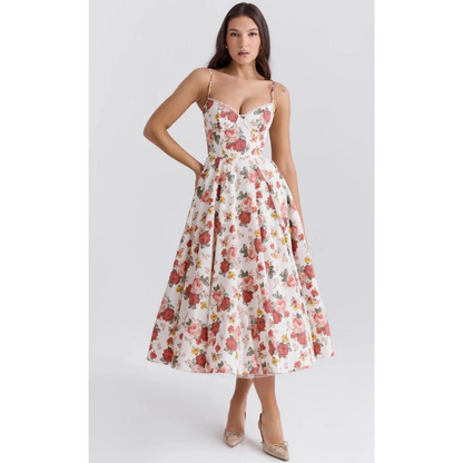 Elegancka sukienka midi z gorsetową górą i rozkloszowanym dołem