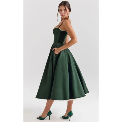 Elegancka sukienka midi z gorsetową górą i rozkloszowanym dołem