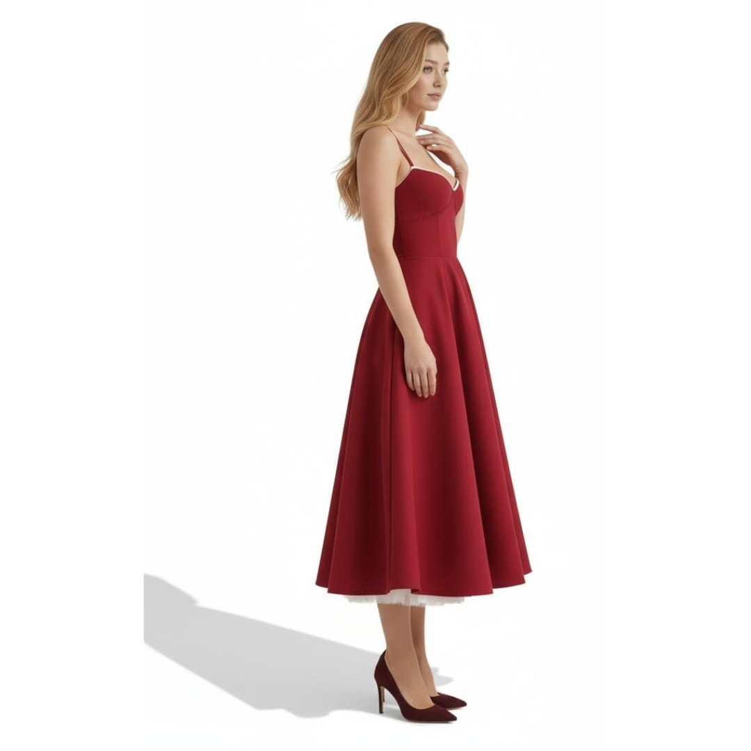 Elegancka sukienka midi z gorsetową górą i rozkloszowanym dołem