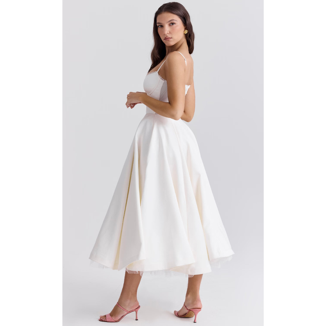 Elegancka sukienka midi z gorsetową górą i rozkloszowanym dołem