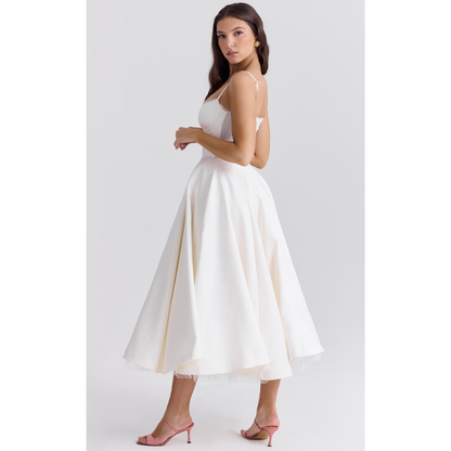 Elegancka sukienka midi z gorsetową górą i rozkloszowanym dołem