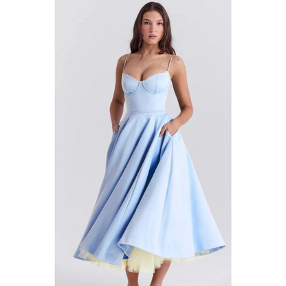 Elegancka sukienka midi z gorsetową górą i rozkloszowanym dołem