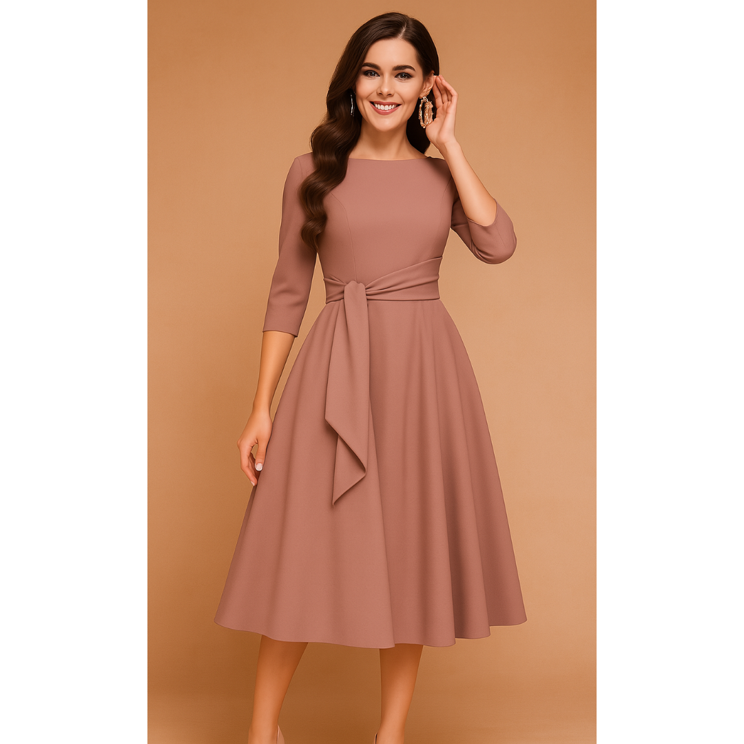 Elegancka sukienka midi z paskiem i rękawem 3/4