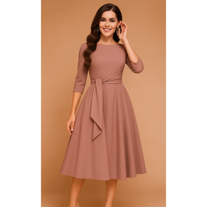Elegancka sukienka midi z paskiem i rękawem 3/4