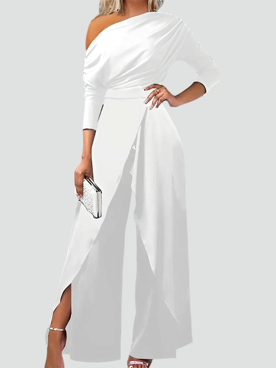 Elektra women's wedding dress featuring an asymmetrical strap and wide legs, perfect for elegant occasions. 0