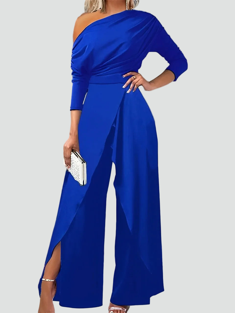Elektra women's wedding dress featuring an asymmetrical strap and wide legs, perfect for elegant occasions. 1